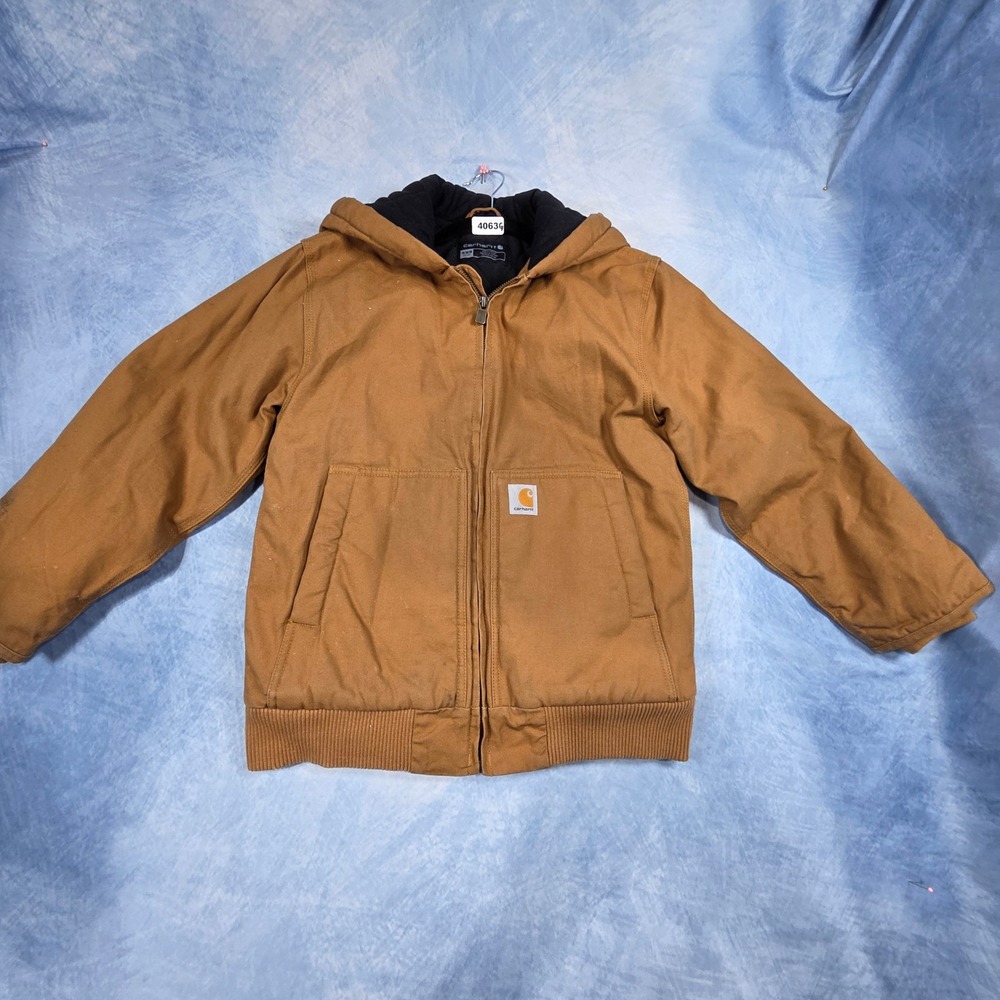 Carhartt Boys Active Jacket Brown Quilted Lined Hooded Work Coat Size M 10-12